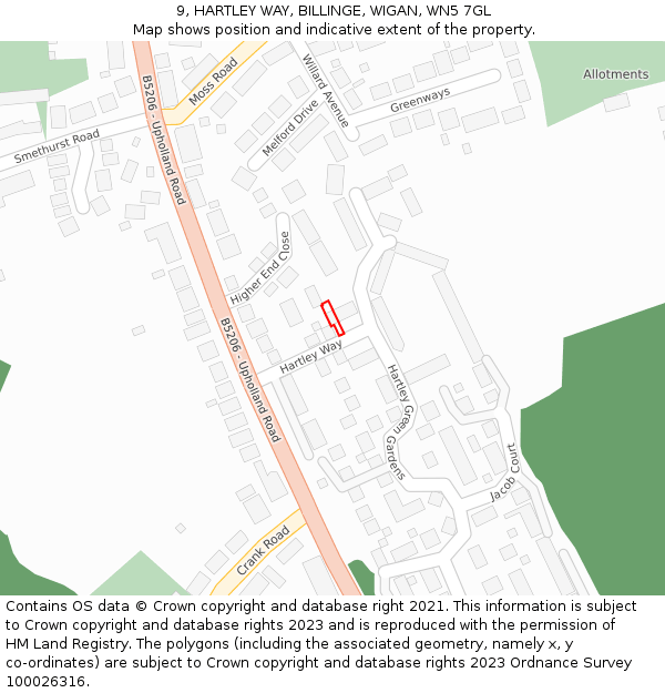 9, HARTLEY WAY, BILLINGE, WIGAN, WN5 7GL: Location map and indicative extent of plot