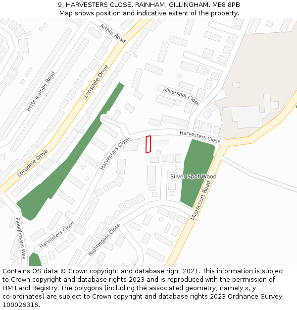 9, HARVESTERS CLOSE, RAINHAM, GILLINGHAM, ME8 8PB: Location map and indicative extent of plot
