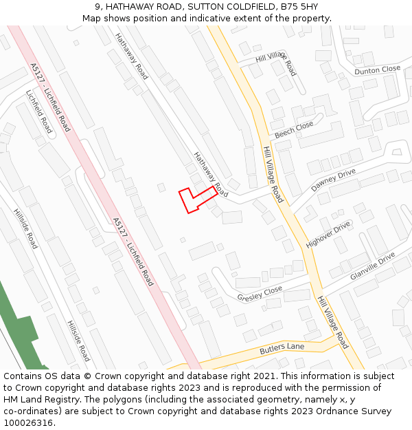 9, HATHAWAY ROAD, SUTTON COLDFIELD, B75 5HY: Location map and indicative extent of plot