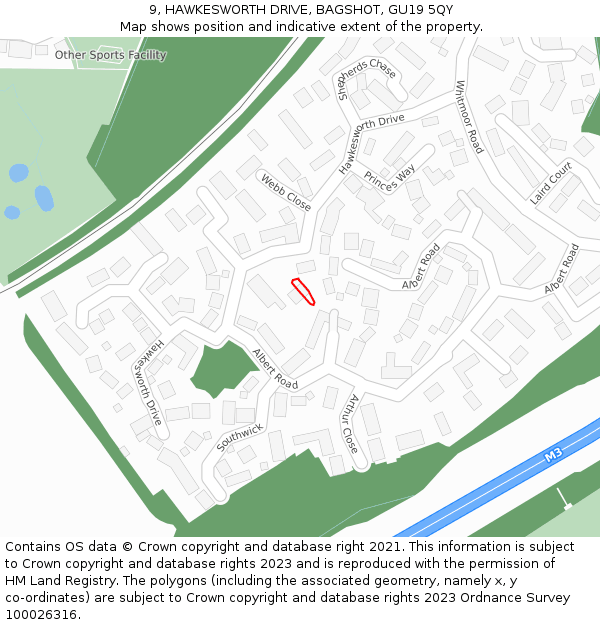 9, HAWKESWORTH DRIVE, BAGSHOT, GU19 5QY: Location map and indicative extent of plot