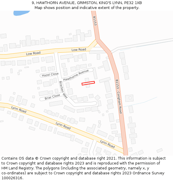 9, HAWTHORN AVENUE, GRIMSTON, KING'S LYNN, PE32 1XB: Location map and indicative extent of plot
