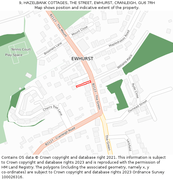 9, HAZELBANK COTTAGES, THE STREET, EWHURST, CRANLEIGH, GU6 7RH: Location map and indicative extent of plot