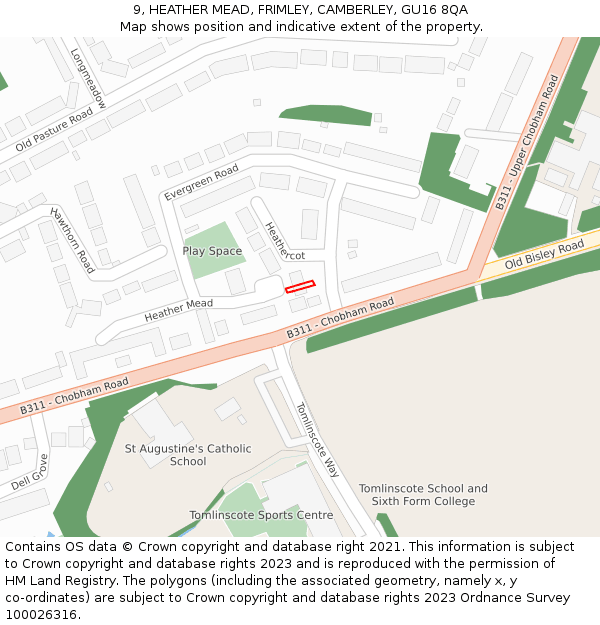 9, HEATHER MEAD, FRIMLEY, CAMBERLEY, GU16 8QA: Location map and indicative extent of plot