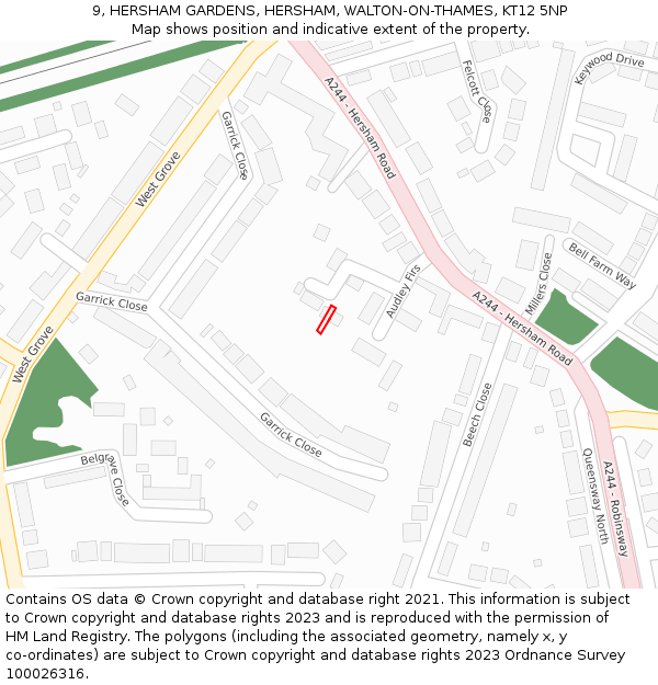 9, HERSHAM GARDENS, HERSHAM, WALTON-ON-THAMES, KT12 5NP: Location map and indicative extent of plot