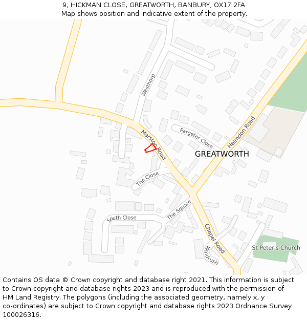 9, HICKMAN CLOSE, GREATWORTH, BANBURY, OX17 2FA: Location map and indicative extent of plot