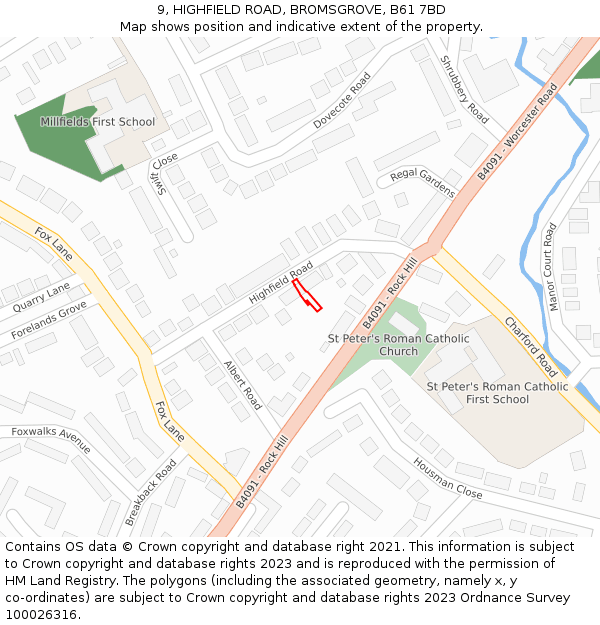 9, HIGHFIELD ROAD, BROMSGROVE, B61 7BD: Location map and indicative extent of plot