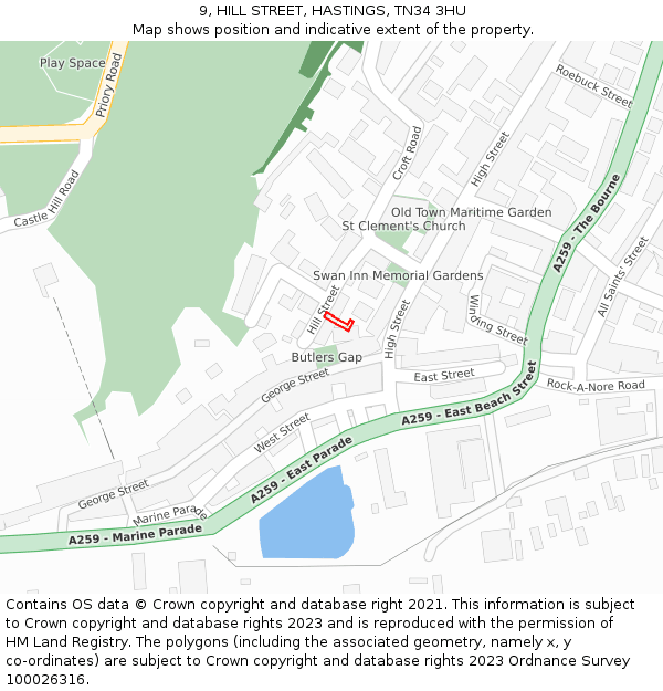 9, HILL STREET, HASTINGS, TN34 3HU: Location map and indicative extent of plot