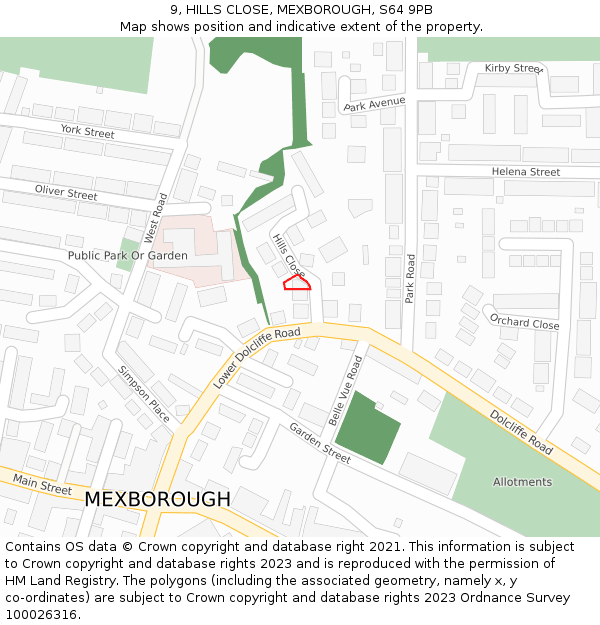 9, HILLS CLOSE, MEXBOROUGH, S64 9PB: Location map and indicative extent of plot
