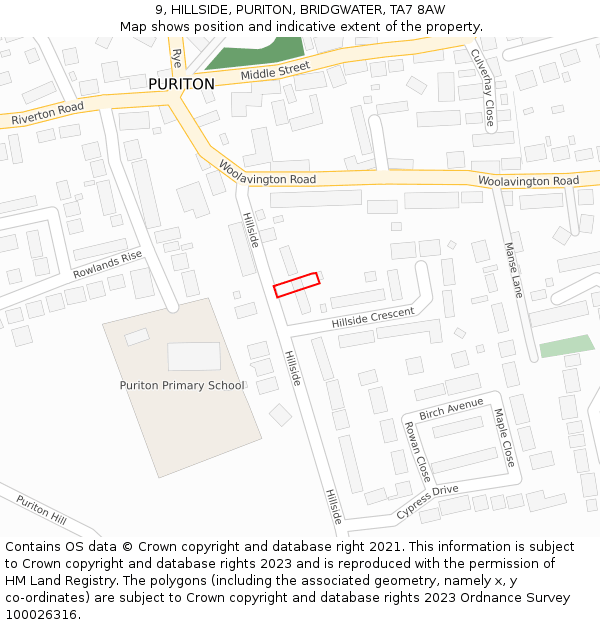 9, HILLSIDE, PURITON, BRIDGWATER, TA7 8AW: Location map and indicative extent of plot