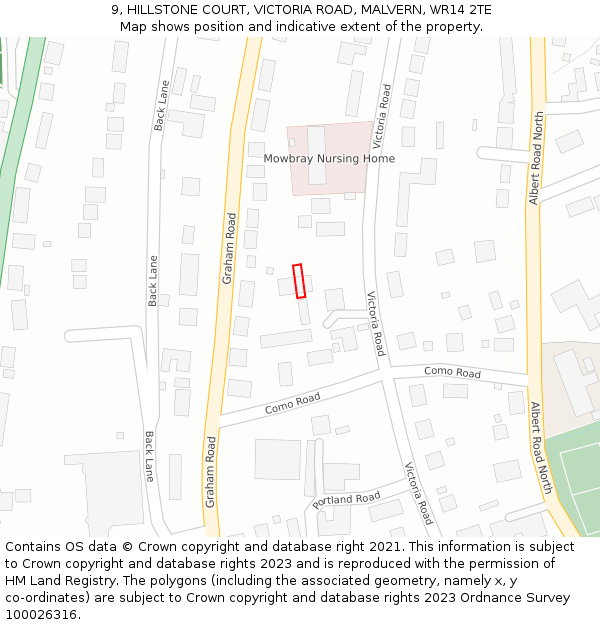 9, HILLSTONE COURT, VICTORIA ROAD, MALVERN, WR14 2TE: Location map and indicative extent of plot