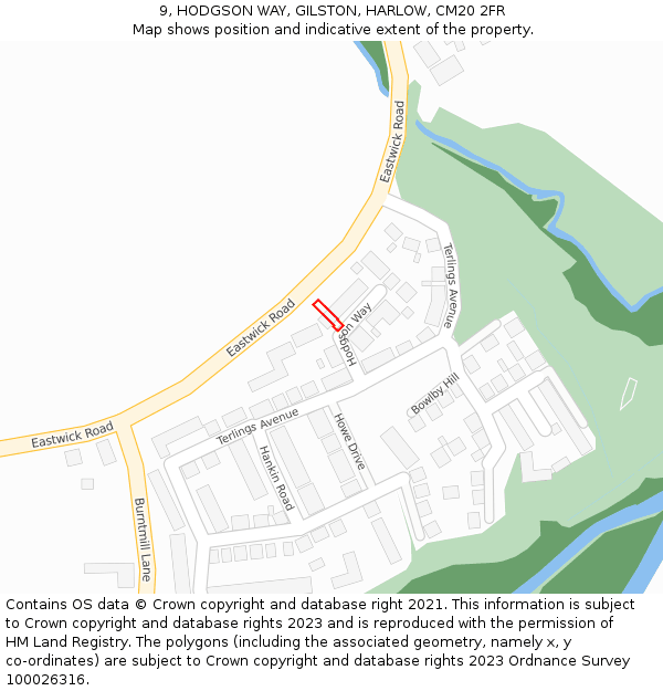 9, HODGSON WAY, GILSTON, HARLOW, CM20 2FR: Location map and indicative extent of plot