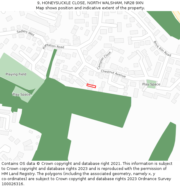 9, HONEYSUCKLE CLOSE, NORTH WALSHAM, NR28 9XN: Location map and indicative extent of plot