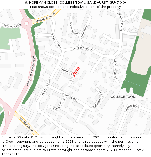 9, HOPEMAN CLOSE, COLLEGE TOWN, SANDHURST, GU47 0XH: Location map and indicative extent of plot