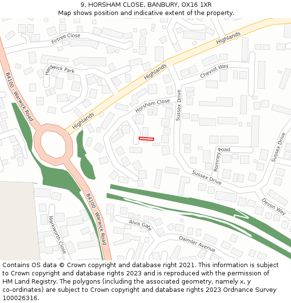 9, HORSHAM CLOSE, BANBURY, OX16 1XR: Location map and indicative extent of plot