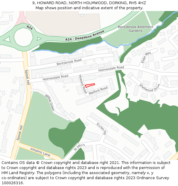 9, HOWARD ROAD, NORTH HOLMWOOD, DORKING, RH5 4HZ: Location map and indicative extent of plot