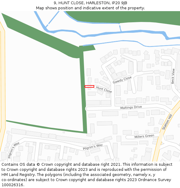 9, HUNT CLOSE, HARLESTON, IP20 9JB: Location map and indicative extent of plot