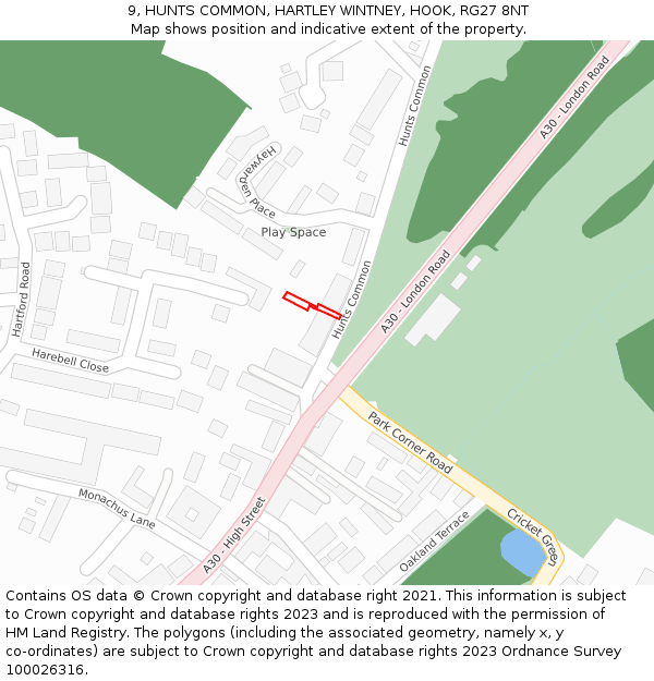 9, HUNTS COMMON, HARTLEY WINTNEY, HOOK, RG27 8NT: Location map and indicative extent of plot