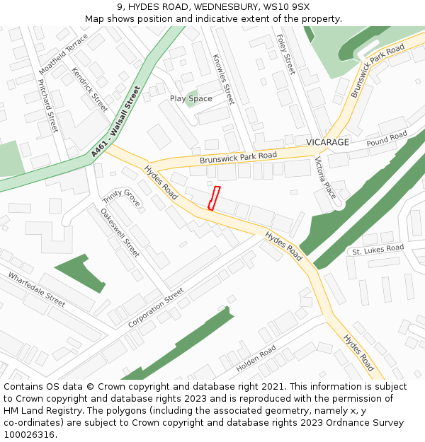9, HYDES ROAD, WEDNESBURY, WS10 9SX: Location map and indicative extent of plot