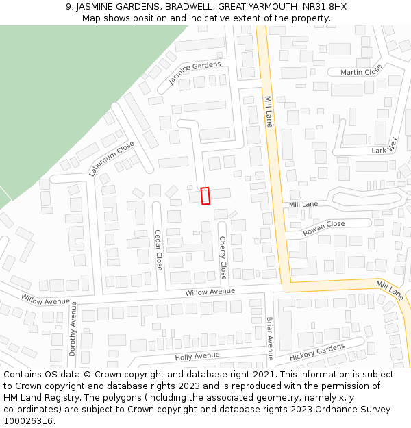 9, JASMINE GARDENS, BRADWELL, GREAT YARMOUTH, NR31 8HX: Location map and indicative extent of plot