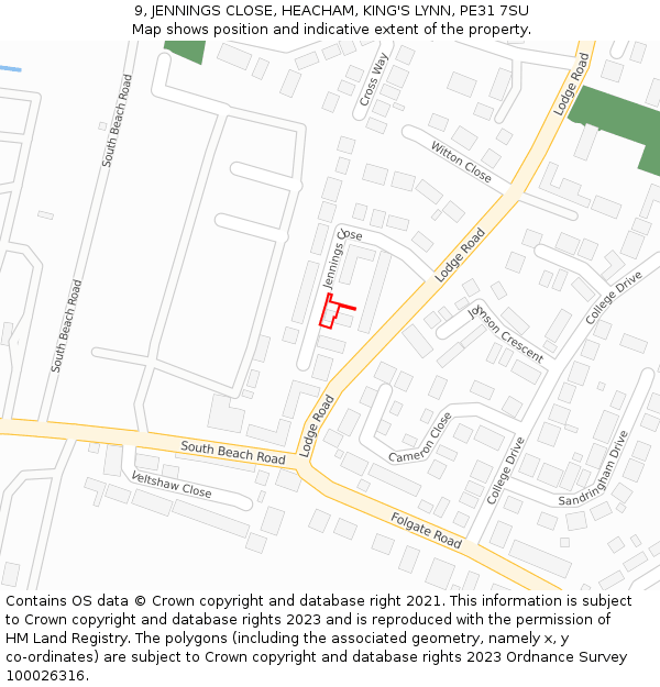 9, JENNINGS CLOSE, HEACHAM, KING'S LYNN, PE31 7SU: Location map and indicative extent of plot