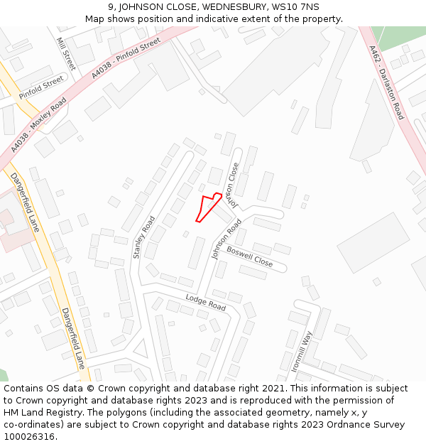 9, JOHNSON CLOSE, WEDNESBURY, WS10 7NS: Location map and indicative extent of plot