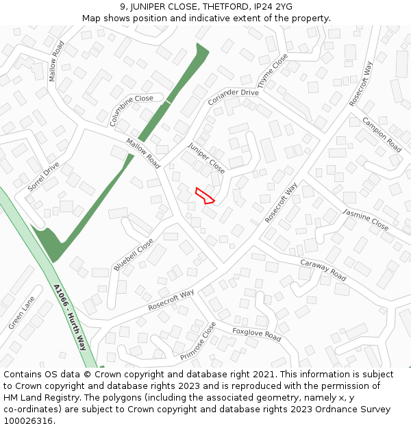 9, JUNIPER CLOSE, THETFORD, IP24 2YG: Location map and indicative extent of plot