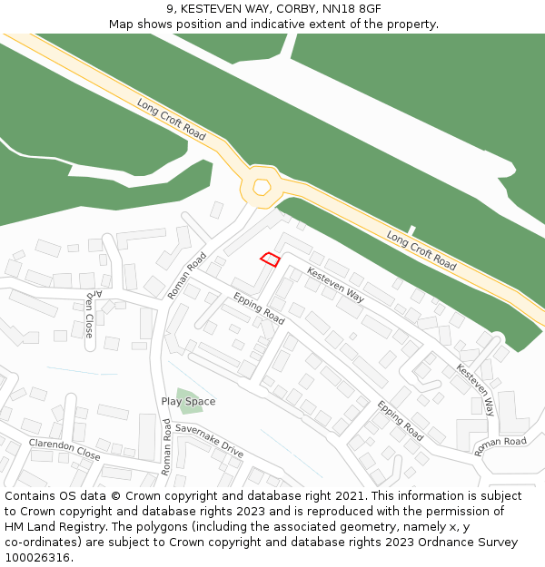 9, KESTEVEN WAY, CORBY, NN18 8GF: Location map and indicative extent of plot