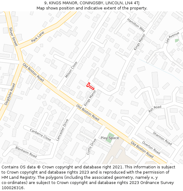 9, KINGS MANOR, CONINGSBY, LINCOLN, LN4 4TJ: Location map and indicative extent of plot