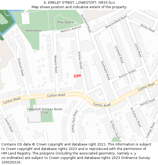 9, KIRKLEY STREET, LOWESTOFT, NR33 0LU: Location map and indicative extent of plot