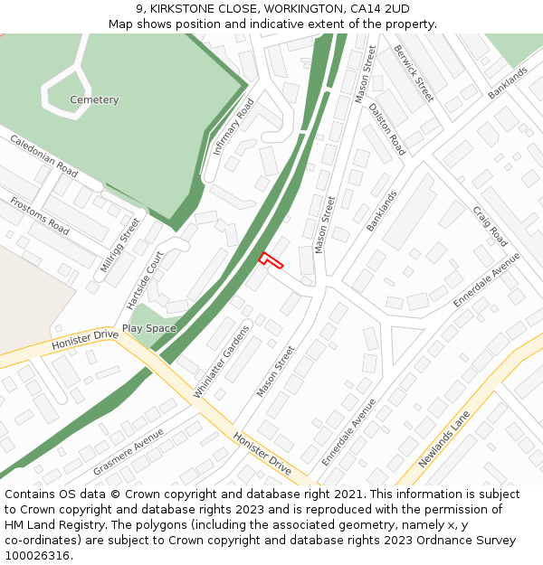 9, KIRKSTONE CLOSE, WORKINGTON, CA14 2UD: Location map and indicative extent of plot