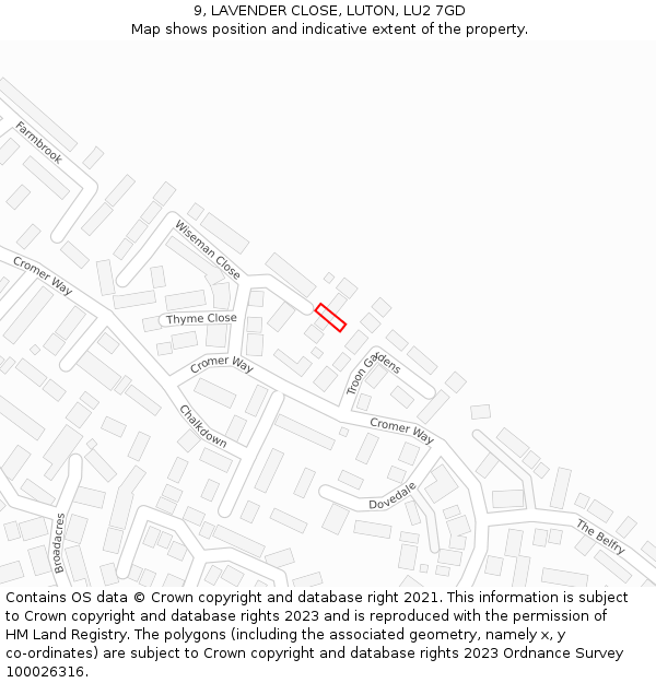 9, LAVENDER CLOSE, LUTON, LU2 7GD: Location map and indicative extent of plot