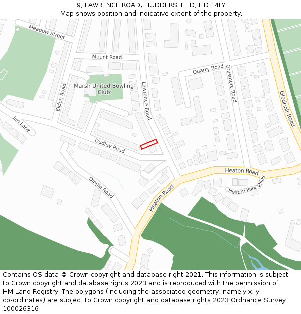 9, LAWRENCE ROAD, HUDDERSFIELD, HD1 4LY: Location map and indicative extent of plot