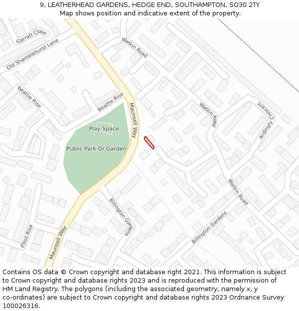 9, LEATHERHEAD GARDENS, HEDGE END, SOUTHAMPTON, SO30 2TY: Location map and indicative extent of plot