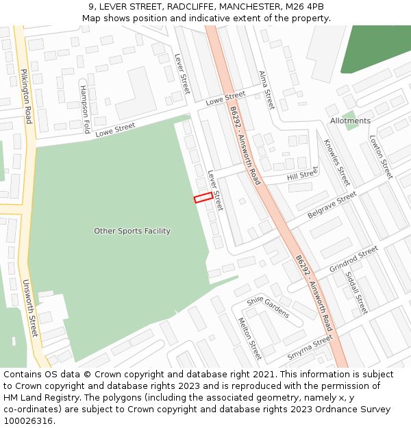 9, LEVER STREET, RADCLIFFE, MANCHESTER, M26 4PB: Location map and indicative extent of plot
