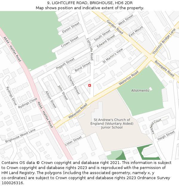 9, LIGHTCLIFFE ROAD, BRIGHOUSE, HD6 2DR: Location map and indicative extent of plot