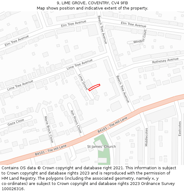 9, LIME GROVE, COVENTRY, CV4 9FB: Location map and indicative extent of plot