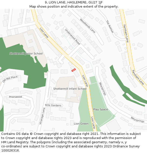9, LION LANE, HASLEMERE, GU27 1JF: Location map and indicative extent of plot