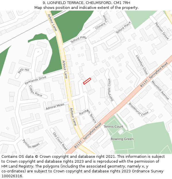 9, LIONFIELD TERRACE, CHELMSFORD, CM1 7RH: Location map and indicative extent of plot