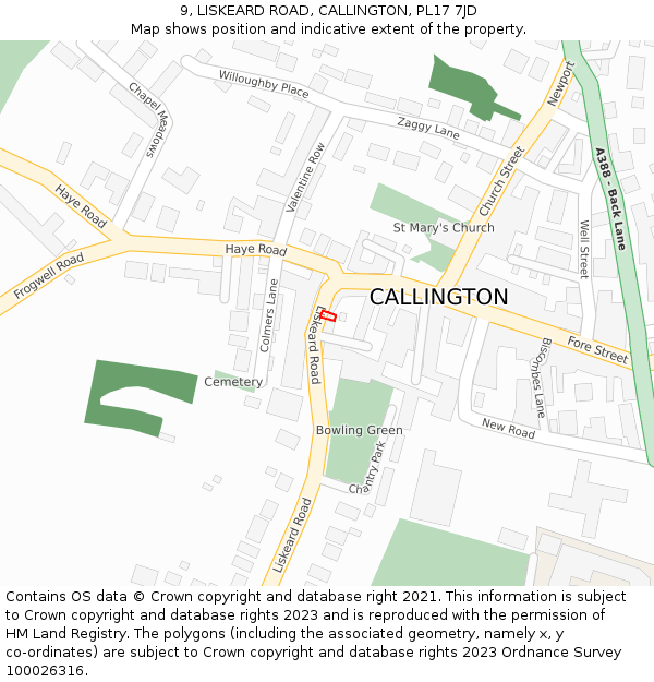 9, LISKEARD ROAD, CALLINGTON, PL17 7JD: Location map and indicative extent of plot