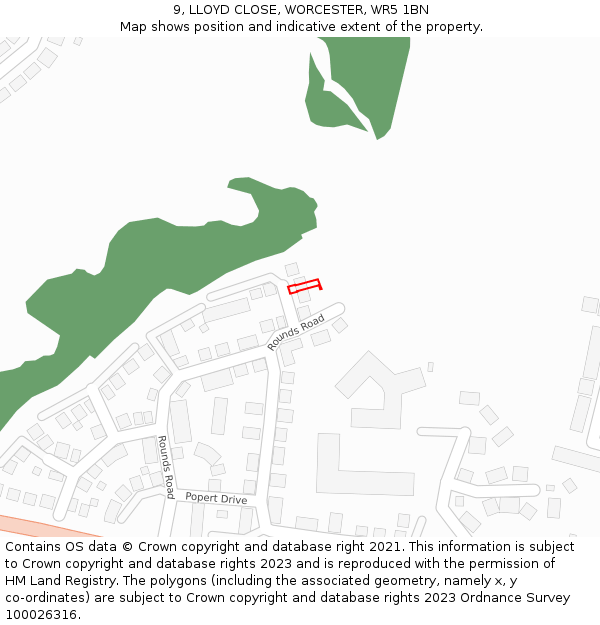 9, LLOYD CLOSE, WORCESTER, WR5 1BN: Location map and indicative extent of plot