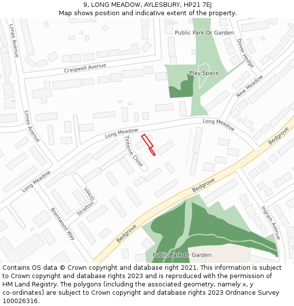 9, LONG MEADOW, AYLESBURY, HP21 7EJ: Location map and indicative extent of plot