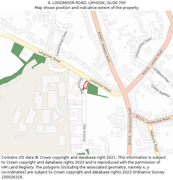 9, LONGMOOR ROAD, LIPHOOK, GU30 7NY: Location map and indicative extent of plot
