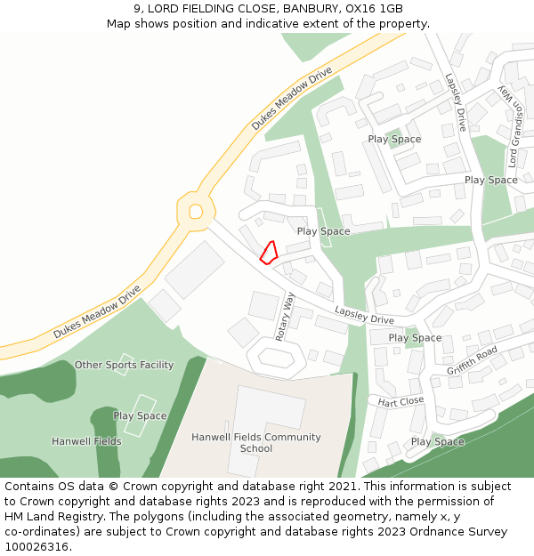 9, LORD FIELDING CLOSE, BANBURY, OX16 1GB: Location map and indicative extent of plot