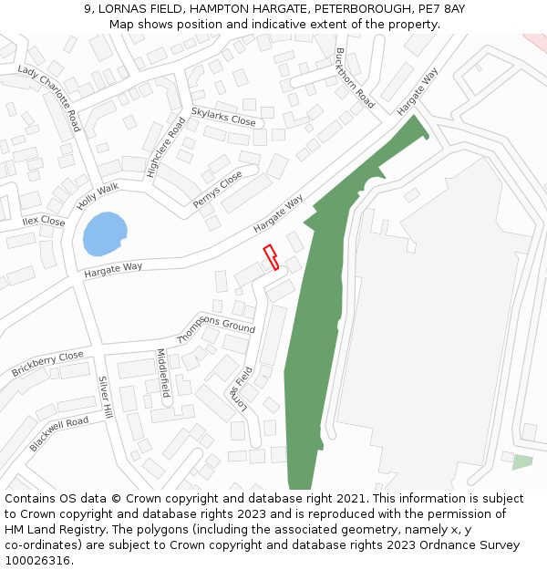 9, LORNAS FIELD, HAMPTON HARGATE, PETERBOROUGH, PE7 8AY: Location map and indicative extent of plot