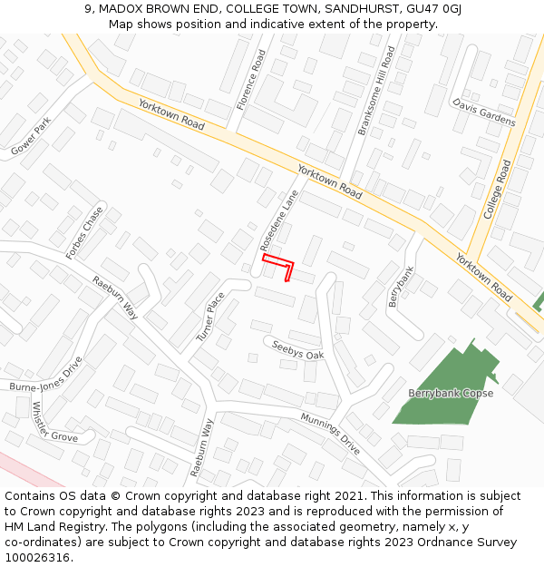 9, MADOX BROWN END, COLLEGE TOWN, SANDHURST, GU47 0GJ: Location map and indicative extent of plot