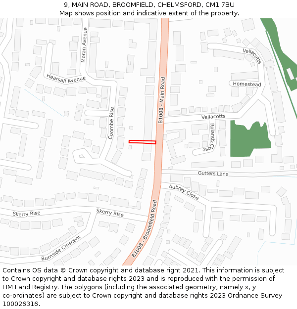 9, MAIN ROAD, BROOMFIELD, CHELMSFORD, CM1 7BU: Location map and indicative extent of plot