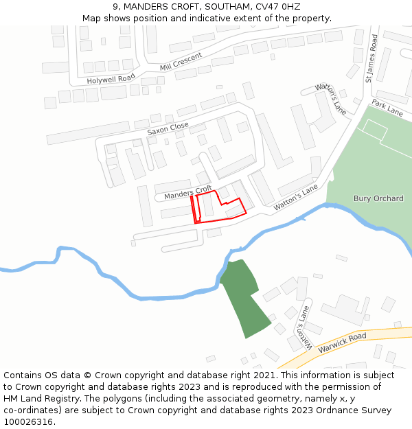 9, MANDERS CROFT, SOUTHAM, CV47 0HZ: Location map and indicative extent of plot