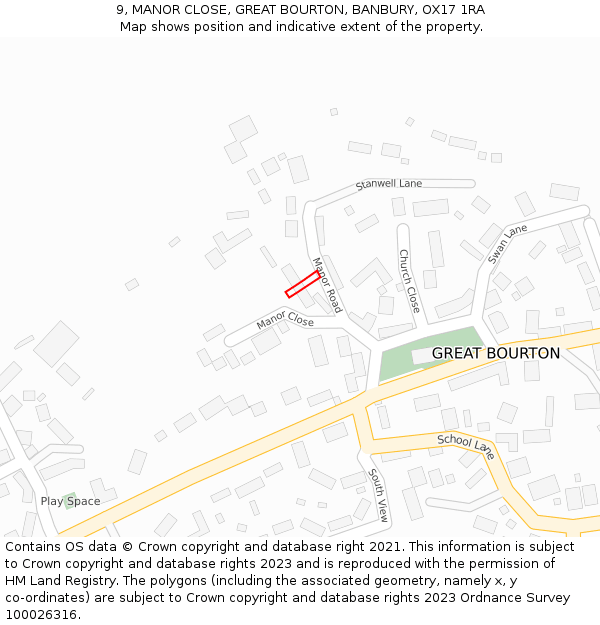 9, MANOR CLOSE, GREAT BOURTON, BANBURY, OX17 1RA: Location map and indicative extent of plot