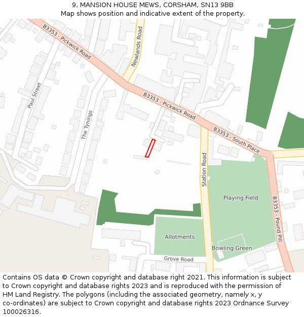 9, MANSION HOUSE MEWS, CORSHAM, SN13 9BB: Location map and indicative extent of plot