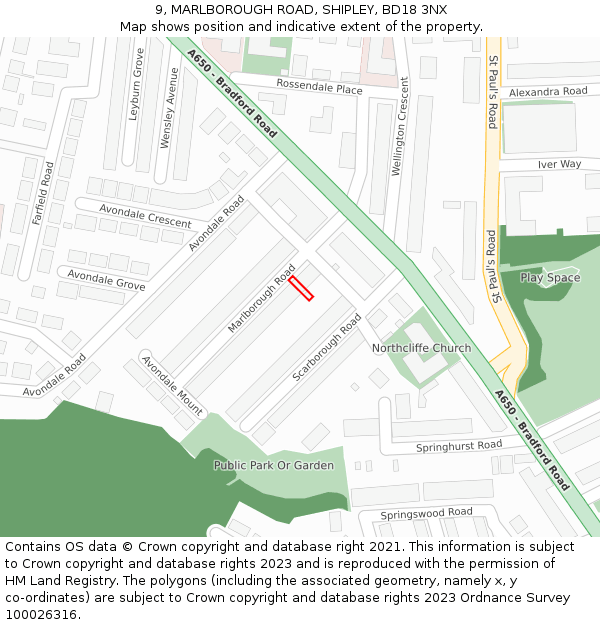 9, MARLBOROUGH ROAD, SHIPLEY, BD18 3NX: Location map and indicative extent of plot